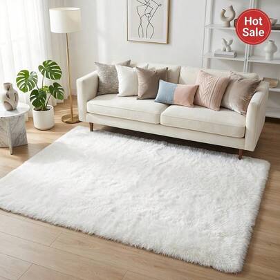1pc White 1.4inch Ultra Soft Shaggy Rug, 520g/㎡ Thick Plush Carpet With 0.24inch Memory Foam, Non-Slip Fluffy Area Rug For Living Room Bedroom