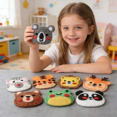 8件套可爱动物DIY缝纫套装，儿童手工材料，萌萌的狮子和熊猫动物背包挂饰，毛毡布，简单有趣的手工制作，送给女孩的绝佳生日礼物，创意缝纫爱好