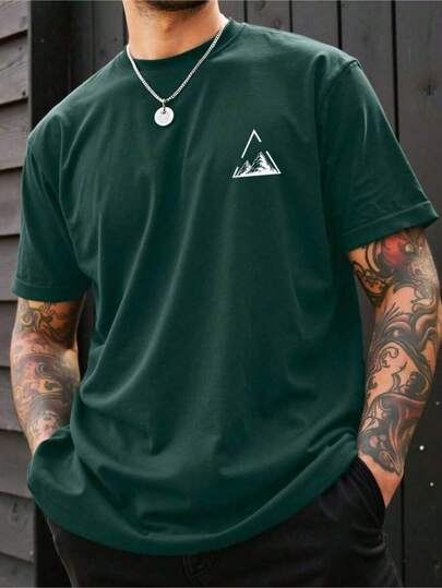 Camiseta Casual Manga Curta com Estampa Geométrica de Montanha Homens Streetwear Moda Final de Ano