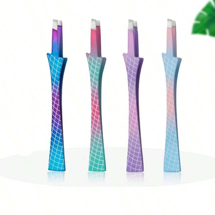 High Precision Stainless Steel Slanted Eyebrow Tweezers, Reusable Ombre Eyebrow Clip, Can Grip Fine Hairs, Pagoda Non-Slip Sandblasted Design, Beauty Makeup Tool, Eyebrow Grooming Tool - Multicolor - View 1