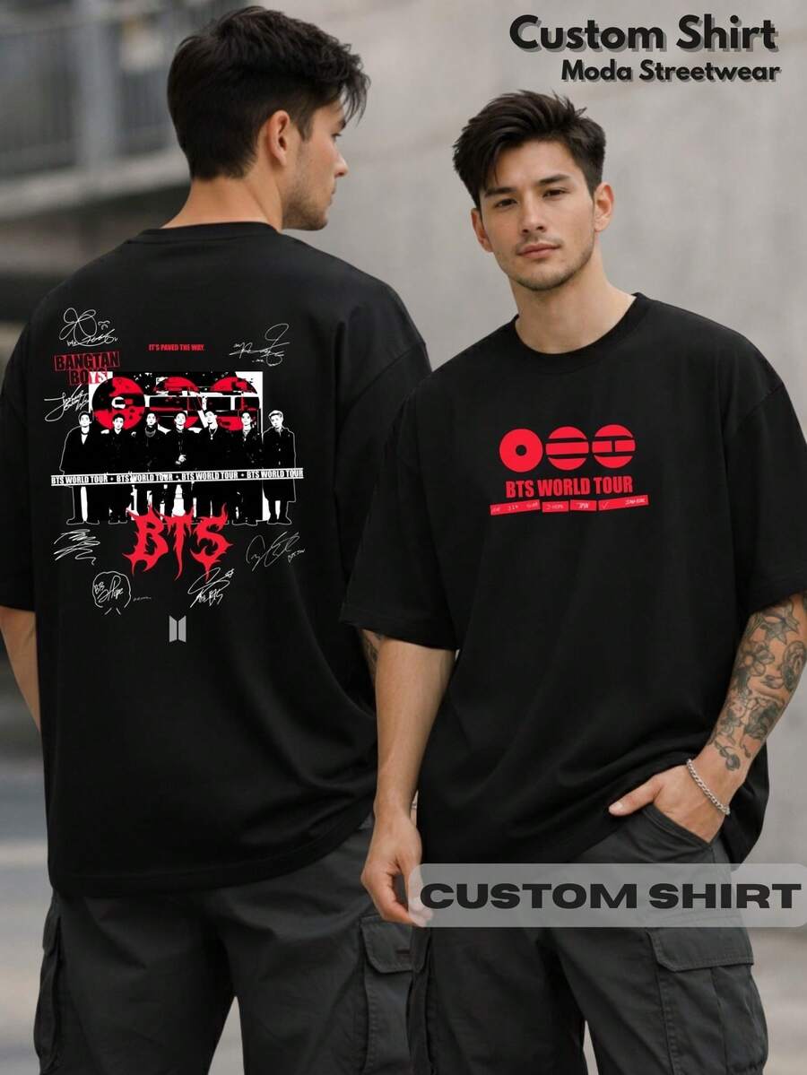 Unisex K-Pop World Tour  T-Shirt, Korean Idol Style, Fan Music Tour, Streetwear Print, 100% Cotton - 黑色 - 查看 1