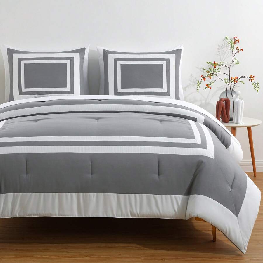 Wyatt 7-Piece Square Pattern Hotel Style Bed In A Bag Comforter Set With Bed Sheets - Gray/White - View 1