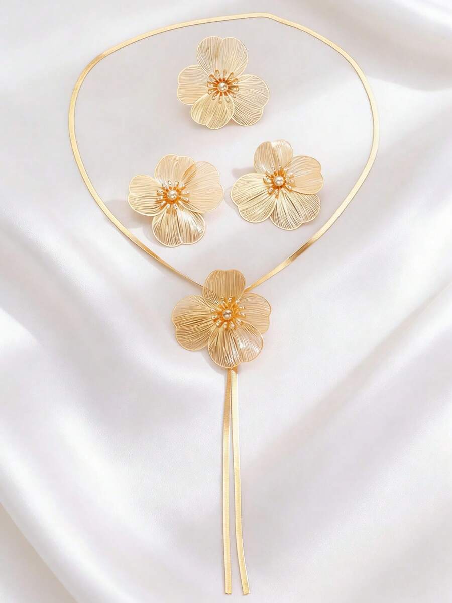 复古优雅镂空花朵吊坠项链、戒指、耳环套装，法式奢华质感金属，女士珠宝套装，百搭独特流苏设计，适合日常、派对、度假、夏季海滩等场合