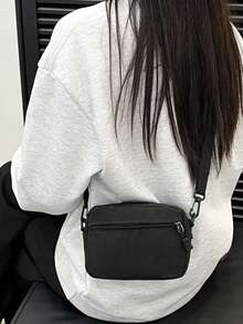 Bolso de cintura de lona de unicolor, estilo minimalista casual, bolso cruzado versátil para correr y deportes, bolso de pecho multifuncional de moda para mujer con bolsillo para teléfono - Negro - Ver 2