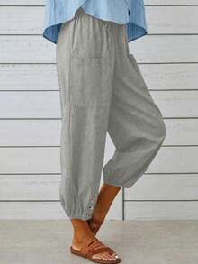 新款欧美风宽松高腰纽扣七分阔腿裤，女士春季款 - 灰色2 - 查看 3