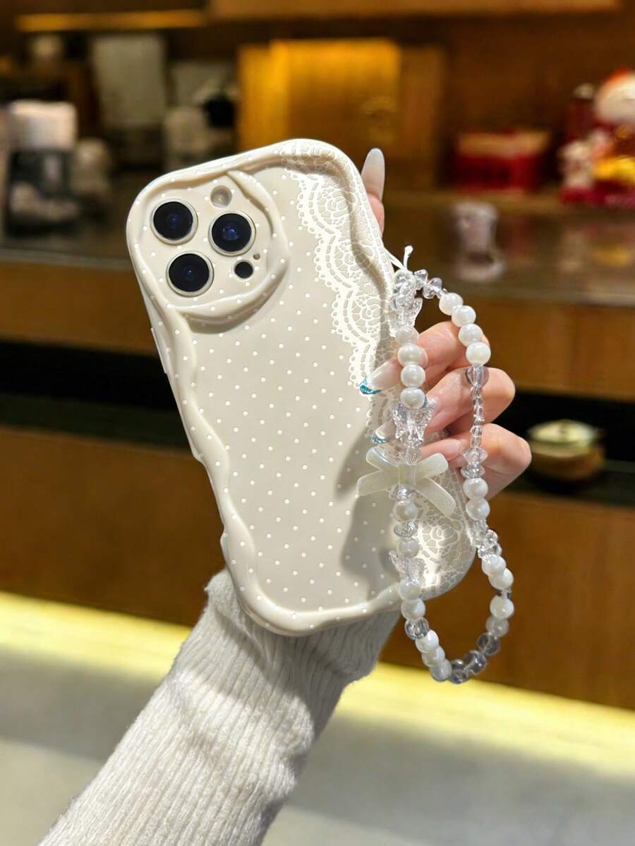 Lace Cream Swirl Wave Edged Beige Fashionable Bracelet Included Thick Shockproof Phone Protective Case Compatible With Iphone 17/17 Pro, 15 Pro Max, 16/16 Pro/16 Pro Max, 16 Plus, 15 XR/7/8, 15 Pro Max, 12 Pro Max, 13 Pro Max, 14 Pro Max, 13/14/11/12/14, Phones - Multicolor - View 1