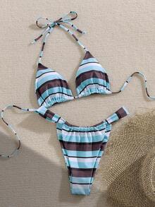 Women's Bikini Set Set, Halter Tie Backless Ladies Swimwear, Blue & Brown Striped Print High Elasticity Fabric, Suitable For Party, Music Festival, Valentine's Day, Beach Outfit, Elegant Ladies Beach Bikini Set Vacation Summer - Multicolor - View 4