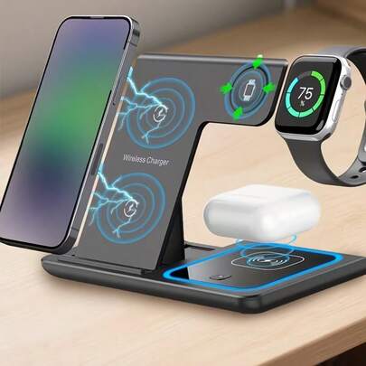 Soporte de carga inalámbrica rápida de 15W, estación de carga 3 en 1 plegable, compatible con adaptadores de alimentación USB de 17/16/15/14/13/12/11 y 10/9/8/7/6/5