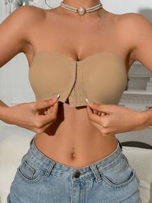 1pc Khaki Front Clasp Scoop Neck Bandeau Bra, Wide Silicone Upgraded Non-Slip (Won't Stick), Comfortable Padded Bralette, Strapless Wireless Bra For Women - Khaki - View 3