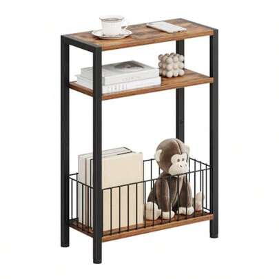 Round Side Table, Small Drink Table For Small Spaces WOOD Narrow Side Table With Storage Basket Small End Table For Small Spaces Slim Sofa Table For Living Room 3 Tier Bedside Table For Bedroom Rustic Brown