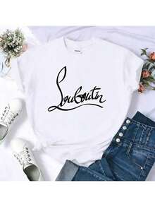 Vintage Louboutin Script Logo Print Graphic Tee, Casual Print Comfortable Versatile, Pure Heavy 220g 100% Cotton, Unisex Style, Designer Inspired Top,   For Women - White - View 1