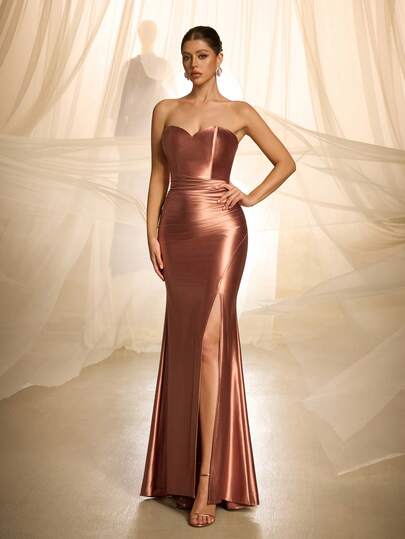 VIPGIRL Elegant & Luxurious Copper Rose Strapless Satin Evening Gown - Sweetheart Neckline, Ruched Fitted Waist, Asymmetrical High Slit & Floor-Length Mermaid Silhouette | Perfect For Gala Dinners, Red Carpet Events, Wedding Receptions
