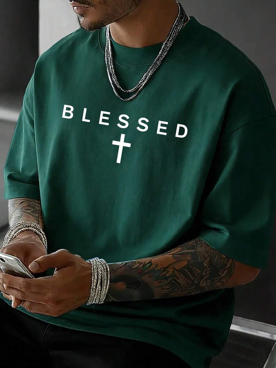 Zrgoth 男士休闲百搭简约胸前图案英文标语印花短袖T恤 - 墨綠色 - 查看 1