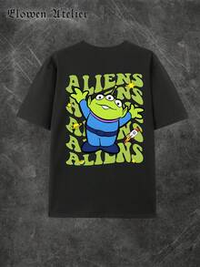 Disney Womens Casual Cotton Short Sleeve Round Neck Regular Fit Toy Story Aliens Print T-Shirt - 黑色 - 查看 3