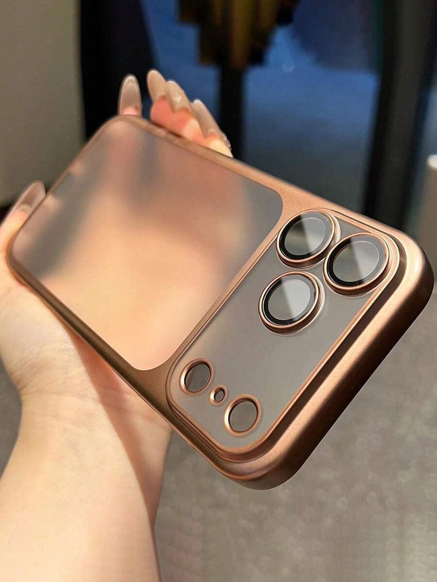 1 pezzo Custodia protettiva per fotocamera minimalista con effetto ghiaccio, trasparente e satinata, con rivestimento elettroplaccato, compatibile con iPhone 17 Pro Max/17/17Pro/16/16Pro/16promax/15/15Pro/15Promax/14/13/12/11, trasparente con pellicola per obiettivo, cover protettiva per telefono - Oro del deserto - Visualizzare 1