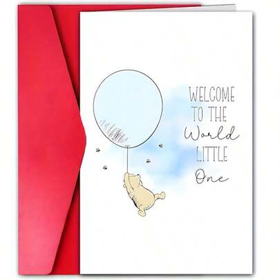 1 pieza Tarjeta adorable para recién nacido con diseño de pez caprichoso y globo aerostático, mensaje "Bienvenido al mundo pequeño" para nuevos padres, baby showers, anuncios de nacimiento - regalo perfecto para amigos, vecinos, familia, papelería de celebración, diseño de bienvenida suave, calidad de impresión vibrante