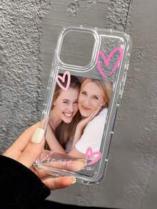 Customized Romantic Couple Photo Graffiti Sweet Pink Heart Personalized Signature Phone Case, Suitable For Couples, Friends, Best Friends, Family, Anti-Drop Thick Phone Protective Cover Compatible With Iphone 11, 13, 15, 16, 17 Pro Max,International Version, Not The Domestic Version - Clear - View 4