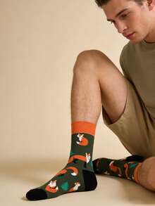 1 Pair Men's Green & Orange Contrast Fox & Pine Tree Pattern Mid-Calf Socks, & Versatile For All Seasons - Multicolor - View 4