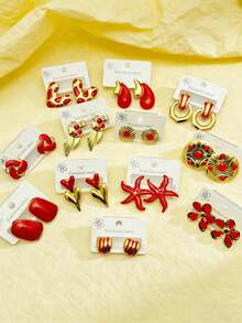 14 piezas/7 pares de elegantes y de moda pendientes de acero inoxidable - con varios diseños como en forma de corazón y estrella de mar, adecuados para uso diario/vacaciones de las mujeres, y también una opción ideal para regalo - Multicolor - Ver 7