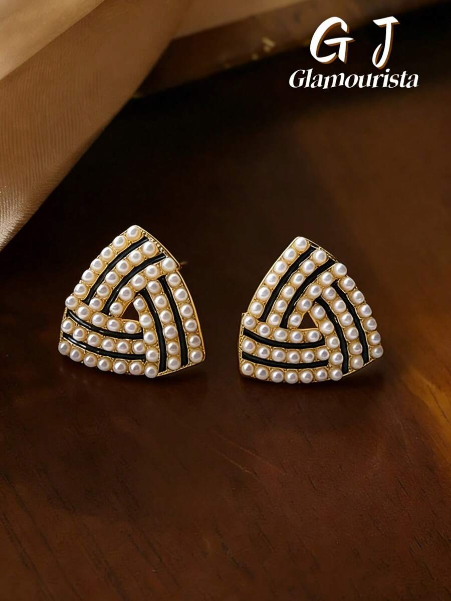 1对奢华时尚几何三角形耳钉耳环，优雅百搭，适合日常及节日佩戴，女士款 - 三角形 - 查看 1