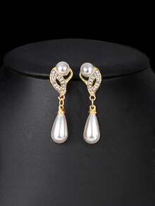 歐美時尚全鑽水滴形珍珠耳夾和耳環套裝，適用於女士晚會，金色和銀色新娘耳環，成對銷售 - 金色 - 查看 10