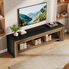 LITTLE TREE 70" TV Stand For 65/70/75-Inch TVs, Farmhouse Long Entertainment Center With Open Storage Shelves, Low Media Console, Wooden Television Stand For Living Room, Bedroom, Rustic Brown & Black - Rustic Brown & Black - 查看 6