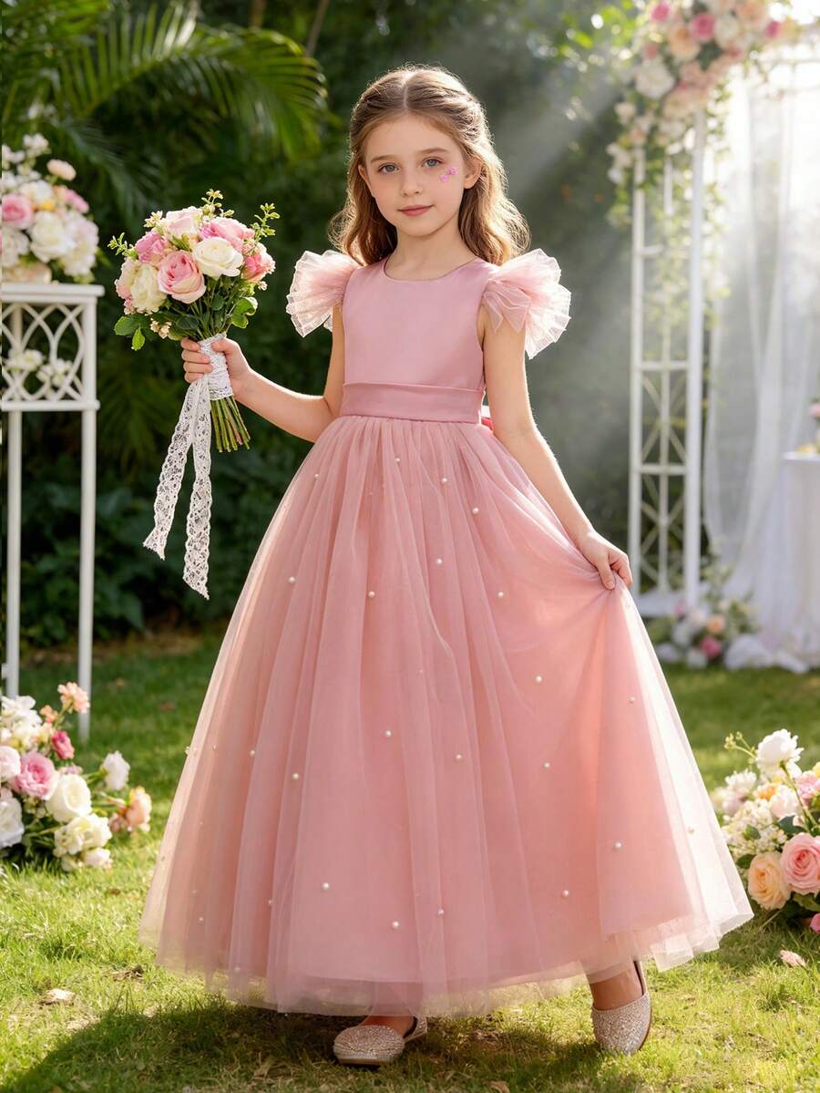 Váy dự tiệc cho bé gái tuổi teen có nơ, tay áo lưới bồng bềnh, váy công chúa thanh lịch, thích hợp làm quà tặng sinh nhật, tiệc, dạ hội, các dịp trang trọng, phù dâu, đám cưới, biểu diễn piano, biểu diễn ở trường, trang phục hàng ngày - Hồng - Xem 1