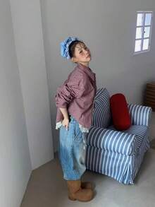 女士春季开衫，新款小格子二合一荷叶边下摆休闲复古拼接长袖衬衫，宽松百搭 - 紅色 - 查看 4