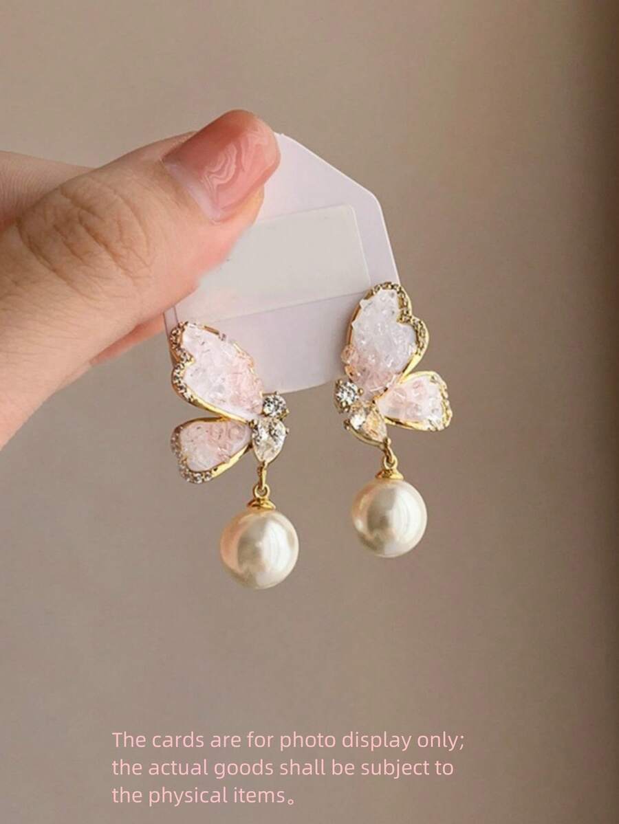 1 Pair New Fashion Elegant Crystal Butterfly Earrings, Niche Luxury Sweet Graceful Pearl Versatile Earrings, Women Jewelry For Daily Wear - Butterfly - View 1