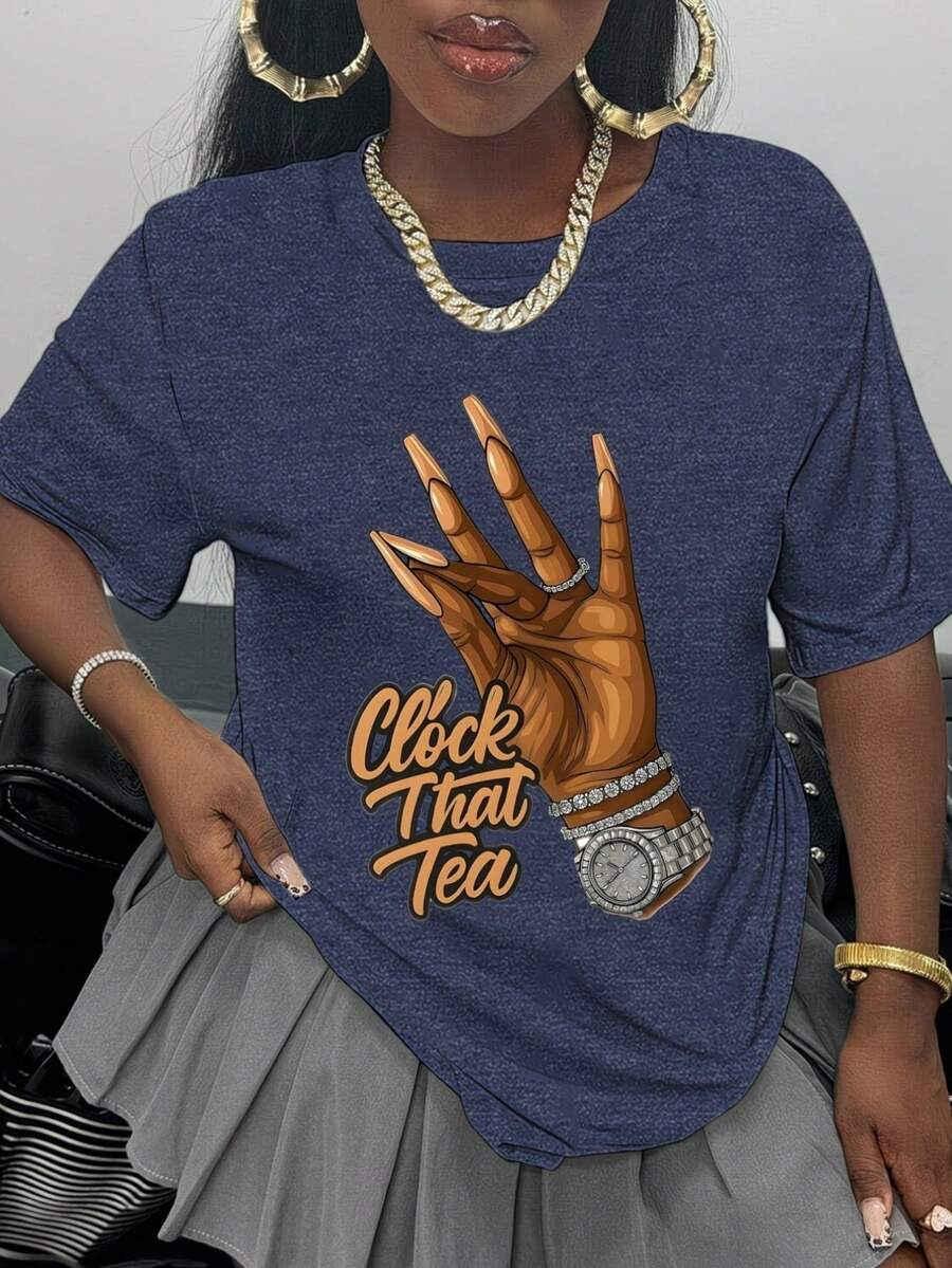 Women'S THAT TEA T-Shirt, Casual Short-Sleeve Round Neck Top, Medium Stretch Fabric, Machine Washable, Comfortable Fit Suitable For All Seasons, Women'S T-Shirt With Unique Patterns, Comfortable - 藏蓝色 - 查看 1