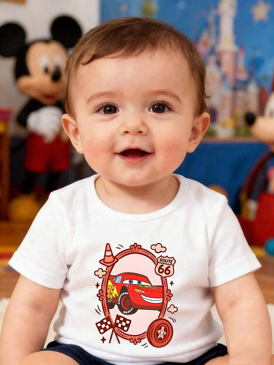This Casual And Simple Crew Neck Short-Sleeved T-Shirt Features A Disney Cars Lightning McQueen Design And Is Specially Designed For Baby Boys And Girls, Making It An Ideal Choice For Summer Wear. - White - View 1