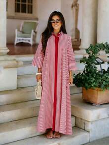 Vestido camisero de rayas para mujer, nuevo para primavera/verano, estilo casual y versátil adecuado para uso diario y vacaciones, con botones centrales delanteros y detalles de color contrastante, vestido evasé elegante - Rojo - Ver 4