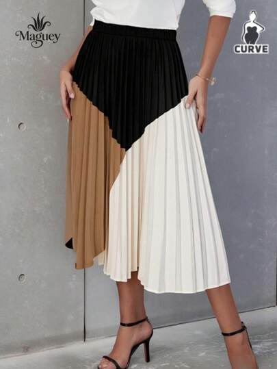 Faldas de Talla Grande para Mujer, Faldas Plisada con Patchwork Geométrico, Cintura Elástica, Cómoda y Transpirable, Tela Agradable para La Piel, Adecuada para Fiestas Informales y Trabajo Diario