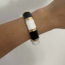 1 pieza Brazalete versátil de esmalte de goteo retro, brazalete de cuadros blanco y negro de moda - Blanco y Negro - Ver 7