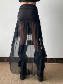 Chân váy midi Kliou Mesh Patchwork dành cho nữ, xếp ly không đều, màu đen, chất liệu polyester co giãn cao với lớp vải voan mỏng bên ngoài và chi tiết nhún bèo ở phần dưới. - màu đen - Xem 1