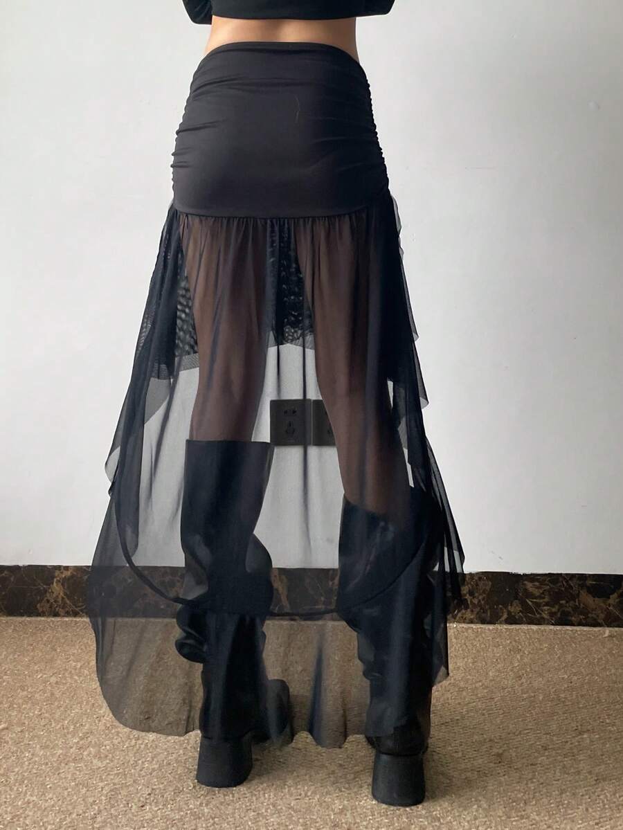 Chân váy midi Kliou Mesh Patchwork dành cho nữ, xếp ly không đều, màu đen, chất liệu polyester co giãn cao với lớp vải voan mỏng bên ngoài và chi tiết nhún bèo ở phần dưới. - màu đen - Xem 1