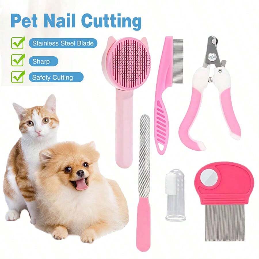 7 Peças Kit de Higiene para Animais de Estimação, Cortador e Lixa de Unhas para Animais de Estimação, Pente para Pulgas, Escova Desembaraçadora para Animais de Estimação, Escova de Dentes de Silicone - Visão 1