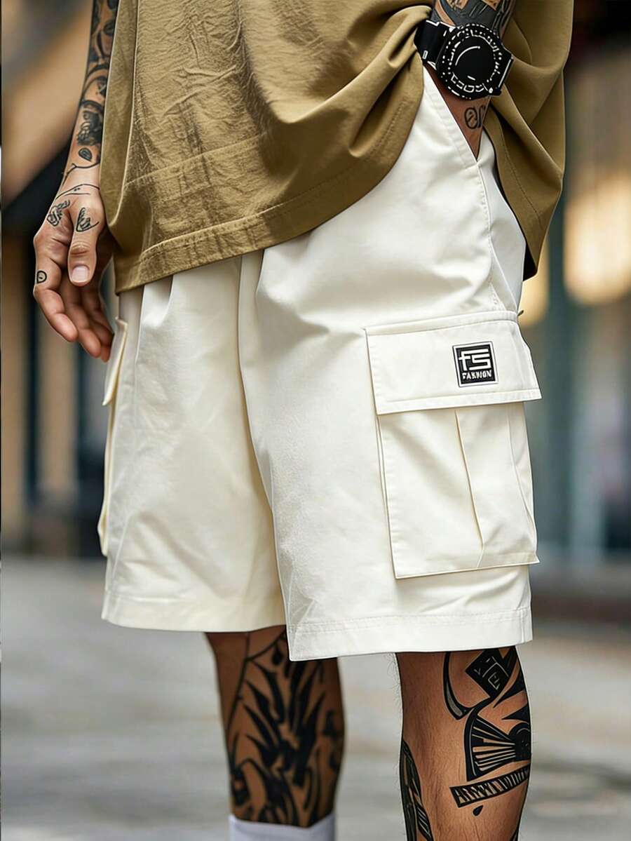 Men's Fitted Cargo Shorts, Multi-Pocket Letter Print Functional Casual Straight Leg Pants - Beige - View 1