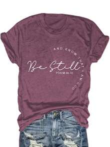 Women's Navy Blue Christian T-Shirt With Psalm 46:10 Bible Verse - Soft Blend Short Sleeve Round Neck Top, Elegant Font Bible Verse Tee For Church, Prayer & Casual Attire - Machine Washable Faith Apparel, Spiritual Gift For All-Season - 赤紅 - 查看 6