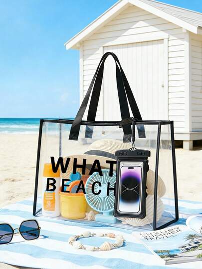 Large-Capacity Transparent Tote Bag With A Beach Vacation Theme, Featuring"WHATUP BEACHES"Print, Jelly Tote Bag, Portable Travel Shopping Bag, Multi-Functional Tote Bag, Transparent Beach Cosmetic Bag, Large-Capacity Pvc Zippered Storage Bag, Travel Toiletry Bag, Office Supplies Storage Bag, And Beach Storage Bag. Suitable For Parties, Travel, Camping, And Fitness. Also Suitable As A Summer Gift, Back-To-School Gift, Mother's Day Gift, Women's Day Gift, Easter Gift, And Wedding Accessory