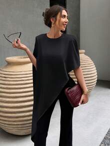 Satin Asymmetric Hem Puff Sleeve Elegant Blouse, Suitable For Party, Date, Formal, Vacation Wear, Black Summer - Black - View 10