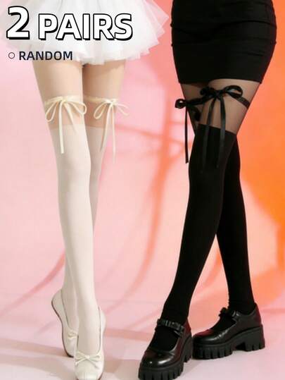 2/1 Pair Women Y2K Thigh BOW Lightweight Sheer Stockings, Goth Knee High Cosplay Socks, Slim Fit Stretch Nylon Blend, Fashion Decorative Stockings For Party, Costume, Stage Wear