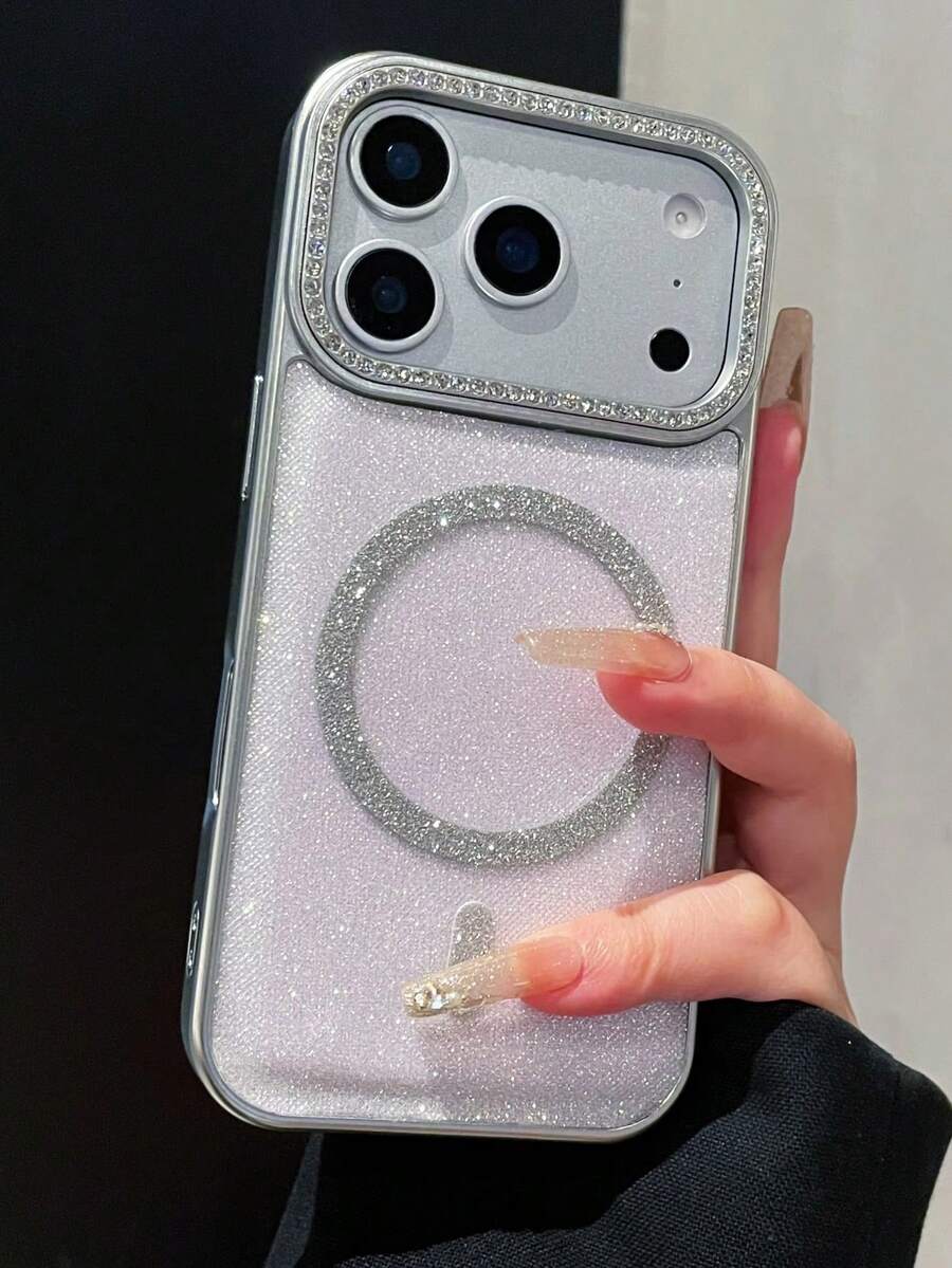 Luxury Bling Glitter Magnetic Wireless Charging Phone Case Compatible With IPhone 17 Pro Max Air 16 15 14 13 12 Pro Max Plus 11 Fashion Rhinestone Camera Frame Advanced Temperament Hard Cover Glitter Magnetic Ring