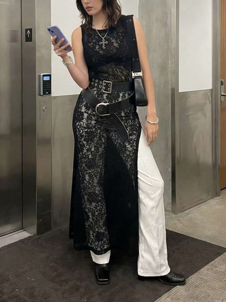 女士长款无袖蕾丝连衣裙，夏季黑色 - 黑色 - 查看 1