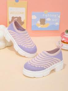1 Pair Kids' Casual Sneakers, Breathable Elastic Knit Striped Wavy Pattern Fabric, Classic Round Toe Thick Sole Slip-On Design, Fashionable & Cute For Students, Suitable For Daily, Vacation, Campus Wear, Spring/Summer/Autumn - Pink and Purple - View 6