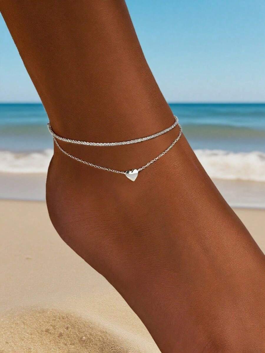 1 chiếc vòng chân hai lớp hình trái tim xoắn ốc tối giản kiểu Âu và Mỹ, phụ kiện mùa hè đa năng dành cho bé gái. - Đơn giản và đa năng - Xem 1