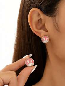 1 Pair Luxury Retro Geometric Easter Earrings, Colorful Enamel Pink & Blue Rabbit Earrings, Suitable For Women's Daily, Party, Holiday Wear - Rabbit Earrings - View 1