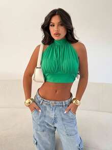 Cropped Balloon Top With Neck Tie, Sensual And Elegant, Made Of Spandex. - Green - View 8