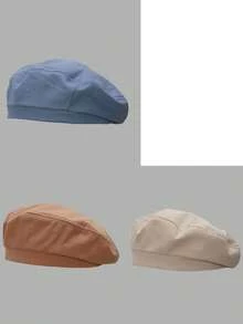 1/2/3 件装 儿童女童纯色人字纹平顶贝雷帽 弹性帽子 可爱配饰 时尚儿童帽 日常休闲帽 - 貝雷帽 - 查看 27