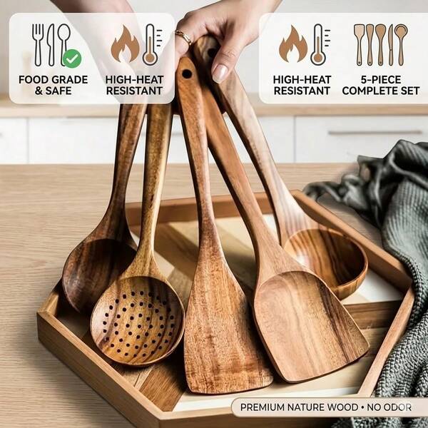 Juego de 5 utensilios de cocina de madera natural, cucharas y espátulas de madera estéticas para sartenes antiadherentes, herramientas de cocina resistentes al calor para remover, freír, servir, hornear, decoración de cocina bohemia y cocina doméstica diaria.